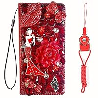 Sparkly Leather Wallet Case for Samsung Galaxy with 2 Pack Glass Screen Protector and 2 Lanyards, Bling Flip Girly Phone Cover (Red Girl Lip,for S22 Plus)