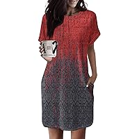 Women’S Casual Summer T Shirt Dresses 2024 Loose Fit Short Sleeve Tunic Dress Crewneck Printed Dresses with Pocket for Women