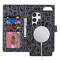 Ｈａｖａｙａ for Samsung Galaxy s24 Ultra case Wallet Detachable Magnetic Phone case with Card Holder Compatible Magsafe Leather Flip Folio case Stand Removable Shockproof Cover-Black Leopard Print