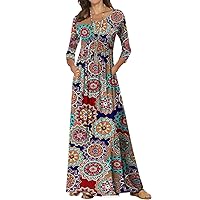 Women's Cotton 3/4 Long Sleeve Maxi Dress Casual Home Dress Pocket Oversize