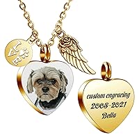 MeMeDIY Personalized Heart Paw Print Ashes Urn Pendant Necklace Custom Name/Photo/Date for Women Men Boys Girls Stainless Steel Memorial Dog Cat Pet Keepsake with Keyring Funnel Fill Kit Angel Wing