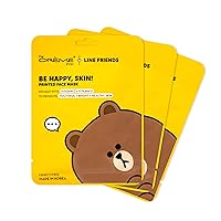 LINE FRIENDS Be Happy, Skin! BROWN Printed Essence Sheet Mask | Vitamin C + Vitamin E (3 Pack)