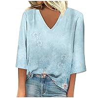 Womens Summer Tops 2023 3/4 Sleeve Floral Print T-Shirts V Neck Boho Tops Vintage Graphic Tee Dressy Casual Blouses