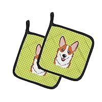 Caroline's Treasures BB1316PTHD Checkerboard Lime Green Corgi Pair of Pot Holders Kitchen Heat Resistant Pot Holders Sets Oven Hot Pads for Cooking Baking BBQ, 7 1/2 x 7 1/2