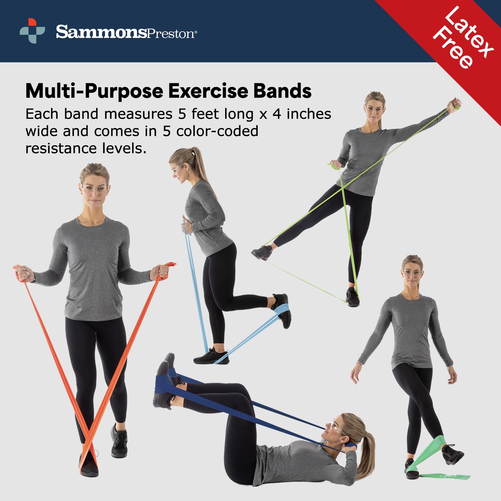 Sammons Preston Non-Latex Exercise Band, 5 Pack, Improve Strength, Dexterity, and Flexibility, Stretch & Tone All Major Muscle Groups, Set of 5 Includes All Five Increasing Resistance Levels