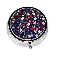 Red Blue Stars American Print Pill Box Round Metal Pill Case 3 Compartment Portable Pill Organizer Travel Pill Container Cute Medicine Organizer for Pocket Purse Office
