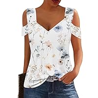 Trendy Tops for Women 2024 Off The Shoulder Tops for Women's Casual Tops Short Sleeve Cold Shoulder V-Neck Printed Tops