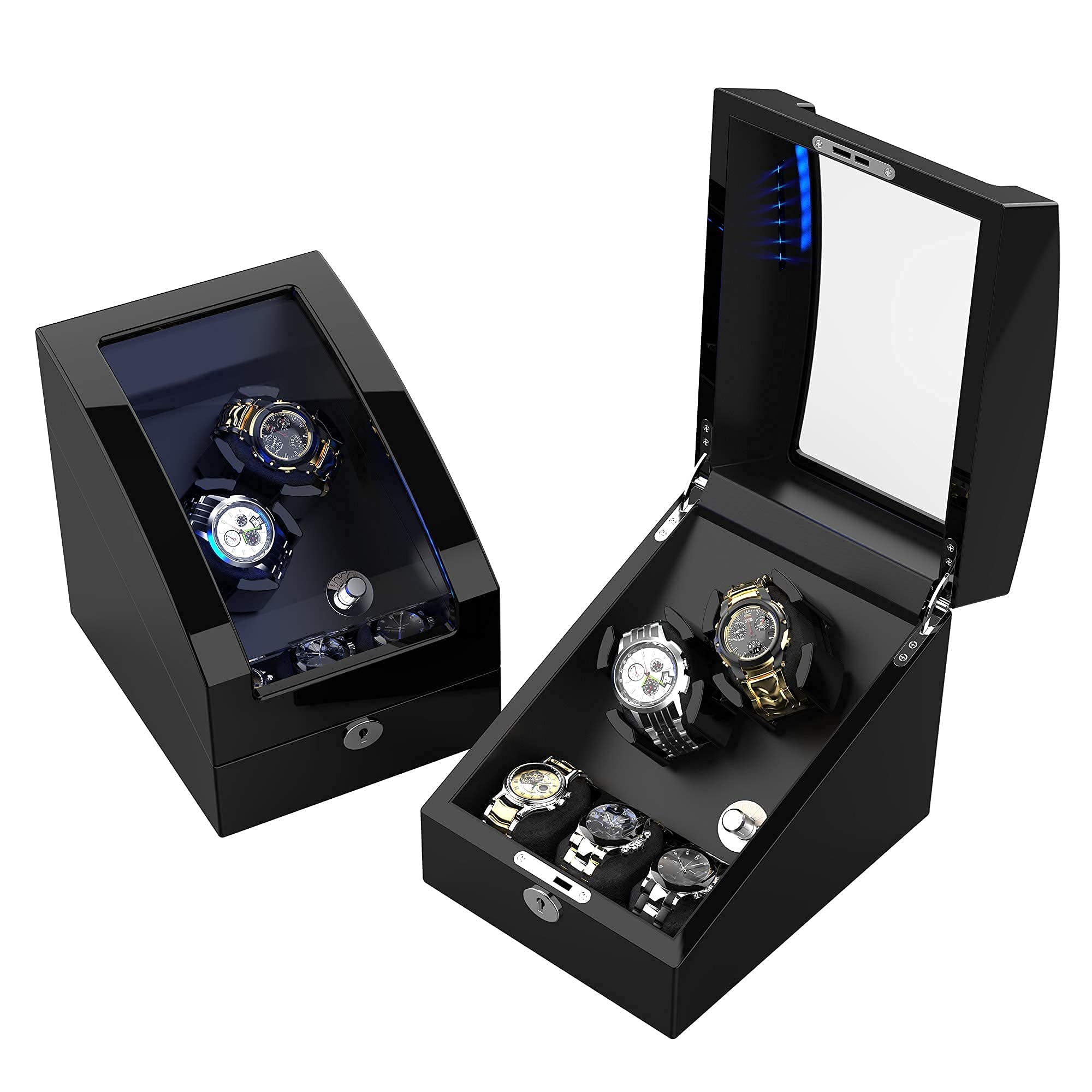 TRIPLE TREE Double Watch Winder+ 3 Soft Leather Watch Pillows LED Automatic Watches Winding Box Wood Shell Mechanical Watch Shaker Japanese Quiet Motor Watch Spinner Case Fit Lady and Man Watches
