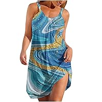 Women's 2024 Summer Casual Beach Flowy Dresses Scoop Neck Sleeveless Party Club Mini Dress Boho Print Swing Sundress