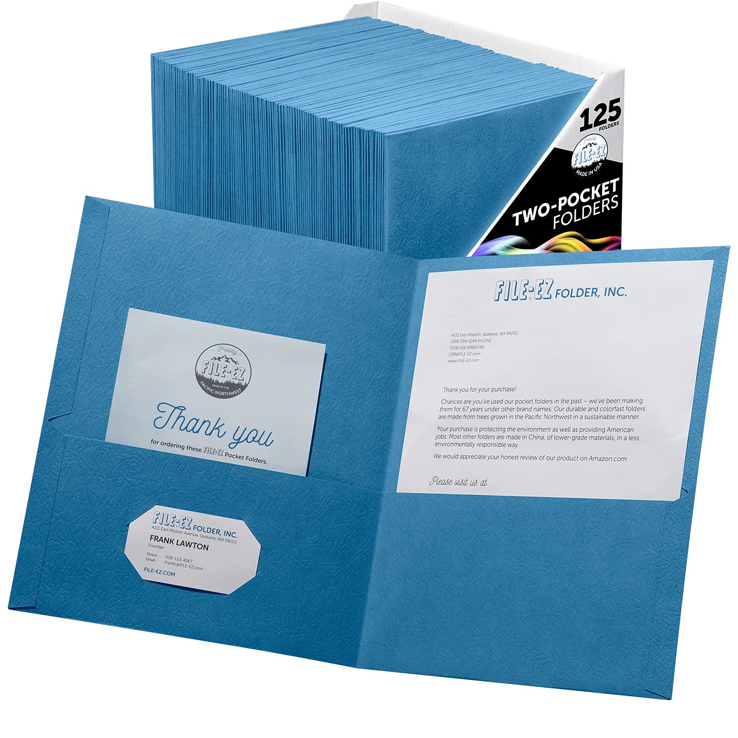 FILE-EZ Two-Pocket Folders, Light Blue, 125-Pack, Textured Paper, Letter Size (EZ-32420)