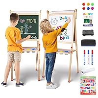 YOHOOLYO Kids Easel Wooden Children Art Easel Paper Roll,Double Sided Magnetic Whiteboard Chalkboard Dry Eraser Adjustable Height for Boys Girls Gifts