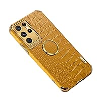 Luxury Trend Crocodile Pattern TPU Phone case with Metal Ring Bracket for Samsung Galaxy S23 S22 S21 S20 Ultra Plus FE Shell Edge Reinforced Shockproof Protective Back Cover(Yellow,S21 Ultra)