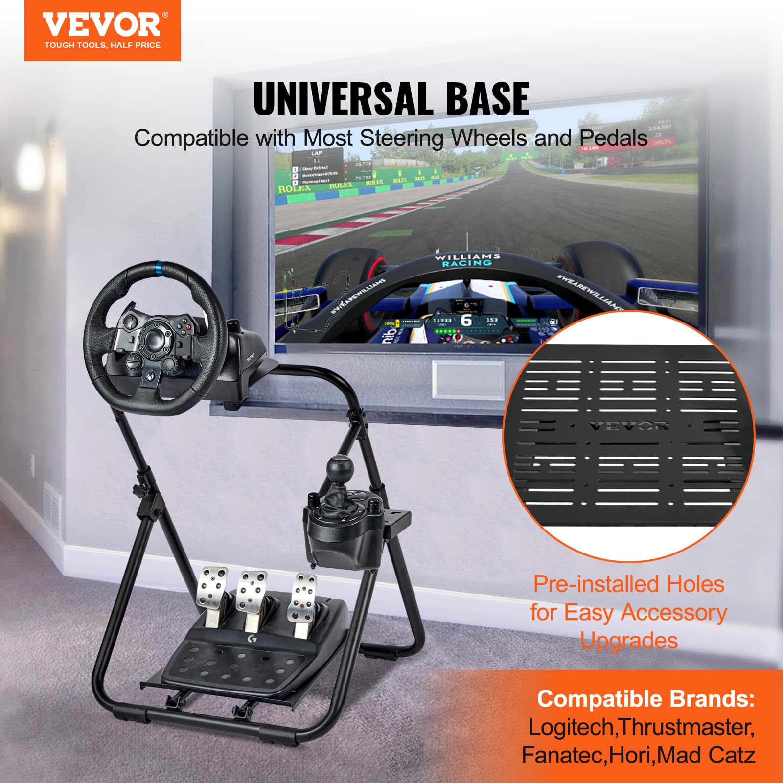 VEVOR Foldable Racing Steering Wheel Stand, Height Adjustable Universal Base Compatible with Logitech & Thrustmaster Racing Wheel and Pedal, Heavy-duty Frame Standard GT/Formula Seating Portable