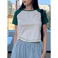 Women's T-Shirt Top-Stitching Raglan Sleeve Tee T-Shirt for Women (Color : Beige, Size : X-Large)