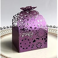 50 Pack Flower Butterfly Laser Cut Wedding Candy Boxes with Ribbon Party Favor Boxes Small Gift Boxes for Wedding Bridal Shower Anniversary Birthday Party (Purple)