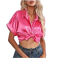 Womens Cuffed Short Sleeve Lapel Satin Casual Shirts Summer Button Down V Neck Loose Fit Trendy Plain Blouses