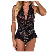 Women's Halter Lace Lingerie Deep V Bodysuit Sexy Sheer Mesh Babydoll Solid One-Piece Teddy Lingerie Nightgown
