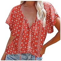 Womens Tank Tops Summer Floral Printed Short Sleeve V Neck Tops Dressy Outdoor Plus Size Tops for Women