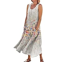 Casual Summer Outfits for Women Floral Dress for Women 2024 Summer Bohemian Print Casual Loose Fit with Sleeveless U Neck Linen Dresses Gray XX-Large