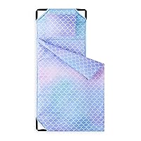 Wake In Cloud - Cot Nap Mat with Pillow and Blanket, for Toddler Kids Boys Girls in Daycare Kindergarten Preschool Pre K with Elastic Corner Straps, Mermaids Scales in Gradient Pink Purple Blue