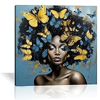DiaLFa African African American Canvas Wall Art Blue and Yellow Butterfly on Black Women Hair Picture Print Abstract Girl Portrait Painting Modern Artwork for Girls Bedroom Room Wall Decor (Woman-3, 12.00