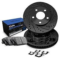 R1 Concepts Front Brake Rotors Drilled and Slotted Black with Semi Metallic Pads and Hardware Kit Compatible For 2011-2014 Porsche Cayenne