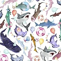 Colors of Rainbow Flat Sheet Wrapping Paper Featuring Hammerheads Great Whites Whale Sharks Tiger Sharks Wearing Party Hats and Glasses Gift Wrap (Shark Party)