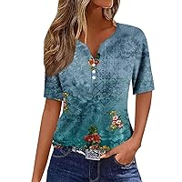 Womens Tops V Neck Henley Button Sequin Floral Print Y2K Tee Shirts Fashion Button Down Boho Hawaiian Blouse