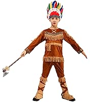 Boys Indian Halloween Cosplay Costume With Colorful Feather Hat