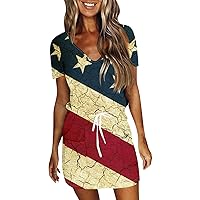 American Flag Dress Women Summer Casual Fashion Independence Day Printed Drawstring V Neck Short Sleeve Dress