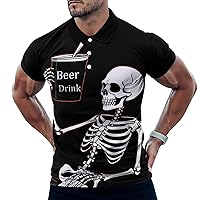 Skeleton Skull Beer Drink Mens Straight Short Sleeve Polo Shirts Sports Golf Tennis T-Shirt Quick Dry Long Top