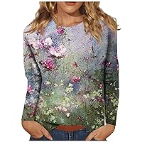 Womens Long Sleeve Tops Round Neck Fall Shirts Sexy Floral Blouses Casual Comfy Tunic Tops Fashion Workout Tees