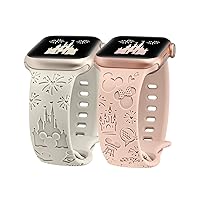 2 Packs Cartoon Engraved Bands Compatible with Apple Watch Bands 38mm 40mm 41mm 44mm 45mm 42mm 49mm Women, Cute Designer Soft Silicone Strap for iWatch Series 9/8/7/6/5/4/3/2/1/SE/Ultra/Ultra2