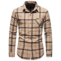 Men's Casual Plaid Flannel Button Down Shirt Slim Fit Long Sleeve Warm Shirts Regular Fit Classic Striped Shirts