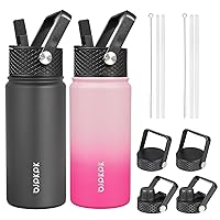 2 Pack Insulated Water Bottles with Straw Lids, 18oz Stainless Steel Metal Water Bottle with 6 Lids, Leak Proof BPA Free Thermos, Cups, Flasks for Travel, Sports (Sakura+Black)