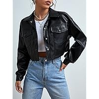 Women's Jackets Drop Shoulder Flap Pocket Crop Jacket Lightweight Fashion (Color : Black, Size : Small)