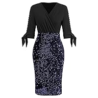 IMEKIS Women’s Plus Size Half Cutout Sleeve Cocktail Party Pencil Dress Wrap V Neck Sparkle Sequins Bodycon Evening Gown