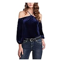 Womens Navy Cold Shoulder Velvet Relaxed Fit Long Sleeve Halter Evening Top XXS