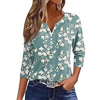 Tops for Women 3/4 Sleeve Summer 2024 Henley Neck Tee Cute Floral Print Shirts Casual Button Down V-Neck Blouses