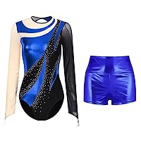 iiniim Womens Contrast Color Shiny Rhinestones Bodysuit Long Sleeve Gymnastics Leotard with Shorts