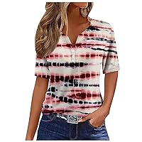 Womens Tops Henley Neck Buttons Sexy Shirts Short Sleeve Dressy Blouses 2024 Independence Day Print Sweatshirts Clothes