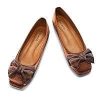 Ballet Flats for Women ; Square Toe Flats ; Satin Material Ballet Shoes ; Bowknot Elegant Dressy Women Shoes(US 8,Brown)