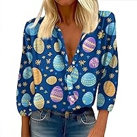 Easter Shirts for Women Fashion 3/4 Sleeve Cute Bunny Eggs Graphic Funny T Shirts Casual Womens Button Up Shirts
