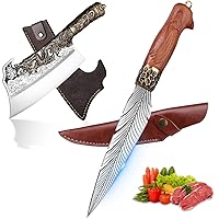 Feather Viking Knife Dragon Butcher Bone Cleaver Knife Set Boning Knife Kitchen Cleaver with Sheath for Outdoor Camping BBQ Collection Christmas Gift Men