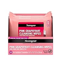 Oil Free Facial Cleansing Makeup Wipes with Pink Grapefruit, Disposable Acne Face Towelettes to Remove Dirt, Oil, and Makeup for Acne Prone Skin, Value Twin Pack, 2 x 25 ct