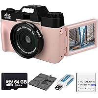 4K 48MP Digital Camera Photography with 3’’ 180° Flip Screen, WiFi, 16X Zoom, Rechargeable Battery, 64GB Micro SD Card, 6 PC Card Holder USB Card Reader (Pink)