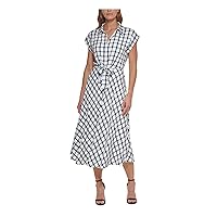 DKNY Womens White Pleated Tie Front Lined Printed Cap Sleeve Collared Midi Wear to Work Shirt Dress 10