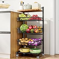HapiRm 5 Tier Fruit Basket Kitchen Storage Cart, Adjustable Fruit and Vegetable Basket, Wooden Top Table Fruit Rack, Snack Cart with Wheels, Metal Mesh and Wire Storage Basket for Onions and Potatoes