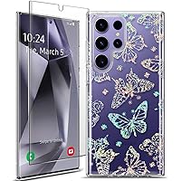 Coolwee Clear Glitter Butterfly for Galaxy S24 Ultra Case, [Screen Protector] Shockproof Thin Flower Slim Cute Crystal Bling Women Hard Back Soft TPU Bumper Protective for Samsung S24 Ultra 6.8 inch