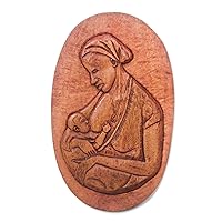 NOVICA Handmade Wood Relief Panel Oval Mother and Child from Ghana Brown Wall Decor Panels People Portraits [14.25in H x 8.75in W x 1.6in D] 'Breastfeeding Ii'